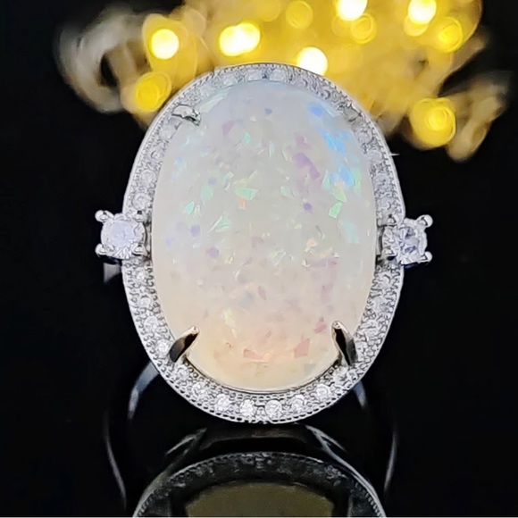💯 NEW 925 STERLING SILVER OPAL DIAMOND RING, CUTE RING, SHINY RING. - Picture 2 of 5